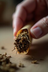 Dedos llenando papel de liar con hebras de tabaco org&aacute;nico