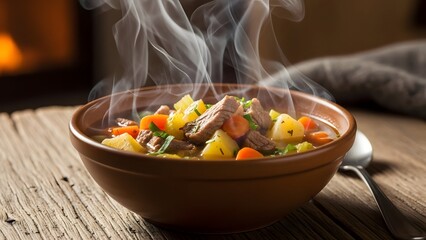 Hot bowl of soup with steam rising, winter comfort food, cozy lighting, rustic table