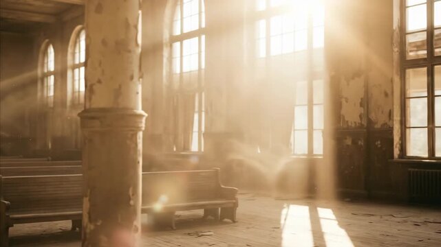 Sunlight beams filter through arched windows in abandoned chapel. Empty wooden pews and stone columns glow in warm rays. Retro 80s VHS aesthetic captures dusty interior decay.