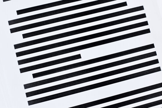 Documents with fully blacked out text. Censorship secrecy and hidden information concept