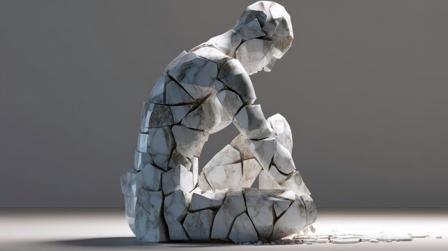 Seated Marble Human Figure Fractured into Pieces Representing Depression and Fragility