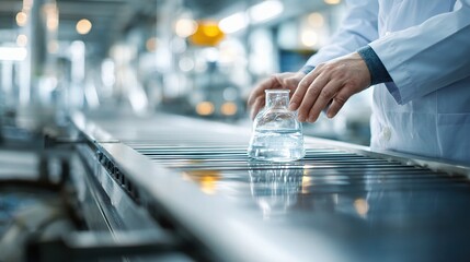 Precision and Process: In a manufacturing setting, a lab coat-clad professional meticulously handles a flask filled with liquid on a conveyor belt, representing process.