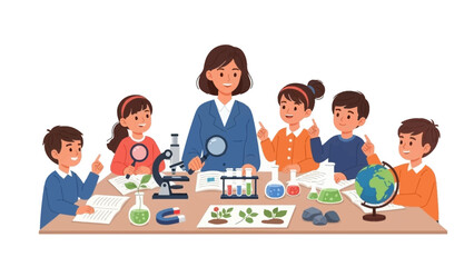Enthusiastic elementary school children and their supportive teacher engaging in a collaborative science experiment, fostering curiosity and discovery
