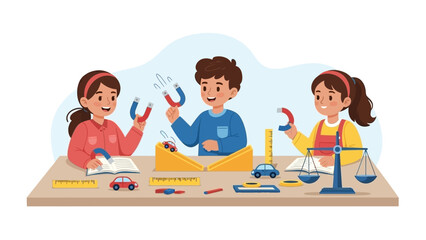 Children engaging in a science experiment with magnets and a ramp, exploring physics concepts like attraction and motion, and also weights and measurement