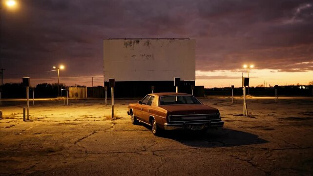Classic car parked at empty drive-in theater during sunset. Retro 80s vhs aesthetic zoom-in sequence capturing nostalgic outdoor cinema vibe.