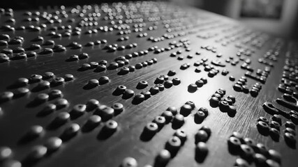 Close-up of Braille text on a dark surface, highlighting tactile reading for the visually impaired.