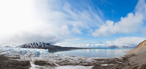 Panoramic view of 14th of July glacier and fjord in Spitsbergen Norway