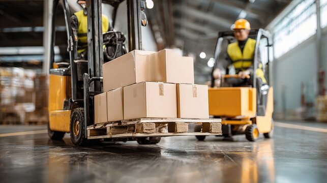 Forklifts in the Industrial Hub: Witness the synchronized dance of forklifts maneuvering pallets laden with packages, showcasing the seamless flow of logistics in a dynamic warehouse setting. 
