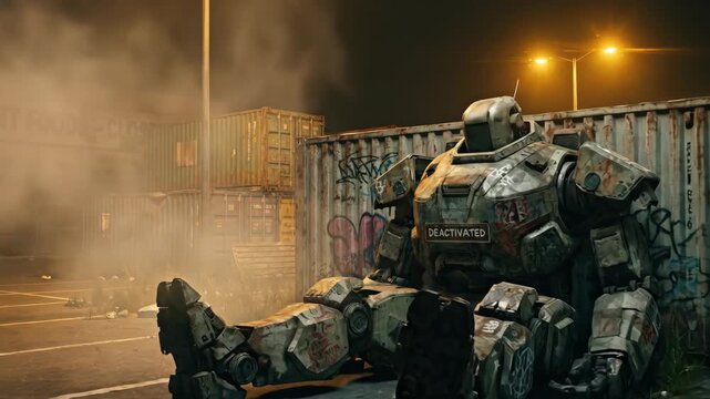 Giant robot emerging from fog in nighttime industrial yard. Mech sitting against shipping containers then rising. Sci-fi cyberpunk scene of mechanical sentinel in urban decay.