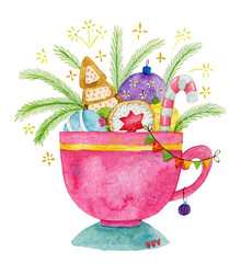 A hand-painted watercolor illustration depicting a New Year and Christmas greeting with decorative elements. Hand Painted watercolor illustration.  Isolated on white background.