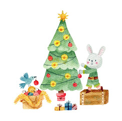 A cute cartoon Christmas bunny and bird decorate a Christmas tree. Isolated on a white background.