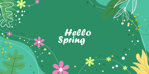 Hello spring greeting background with flat floral elements for banner and social media