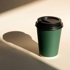 a single dark green takeaway coffee cup sits on a pale surface illuminated by bright sunlight casting a defined shadow