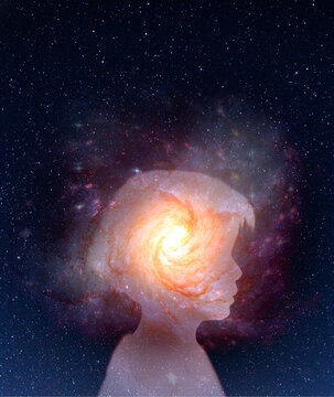 Silhouette with galaxy head representing imagination and creativity