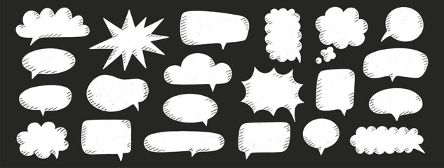 Crayon speech bubbles set. Chat talk boxes. Chalk draw silhouette frames. Kid doodle dialogue balloon clouds. Pencil drawing, white thought elements, black background. Vector illustration