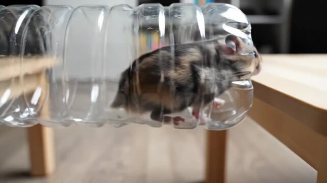 A small hamster scampers through a clear plastic bottle tunnel, navigating the playful course with curiosity and joy in a warm, inviting space.