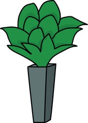 Cartoon green leafy houseplant in a modern gray tapered vase illustration