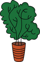 Cartoon green bushy houseplant in a decorative brown terracotta pot