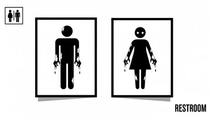 Zombie-Themed Male and Female Restroom Signs in Black and White Vector Illustration Style