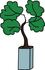 Cartoon green potted houseplant in a blue rectangular vase illustration