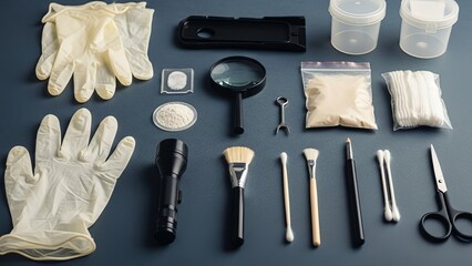 Forensic Evidence Collection Tools on Laboratory Table Representing Crime Scene Investigation and Scientific Analysis
