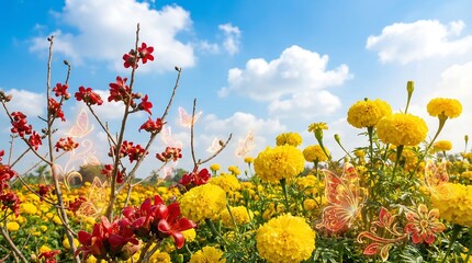 Vibrant flower field under blue sky