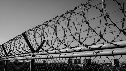 Security Barbed Wire Fence in Black and White Symbolizing Prison, Restriction, and Law Enforcement Control