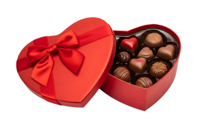 Open heart shaped box of assorted chocolates isolated on transparent background