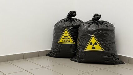 Hazardous Waste Bags with Poison and Radiation Warning Symbols in Industrial Indoor Setting