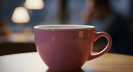 Fototapeta premium Cozy Mug Moment: A delicate pink mug filled with a warm beverage rests on a smooth wooden surface, illuminated by the gentle glow of overhead lights.