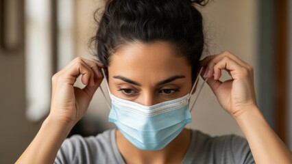 Woman putting on a medical face mask for protection and safety.