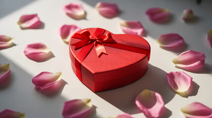 Romantic heart shaped gift box with rose petals on white background