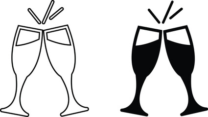Two wine glasses icon. Clink, cheers and toasting. Vector outline and transparent illustration. Clipart on clear white background .
