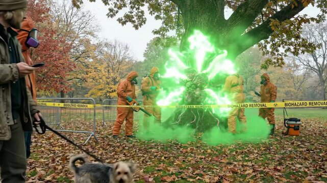 Man with dog observes hazmat team containing glowing energy portal emerging from ancient tree in autumn park. Sci-fi supernatural outbreak investigation sequence.