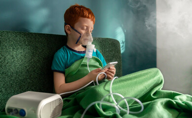 Child with red hair using inhaler and mobile phone at home