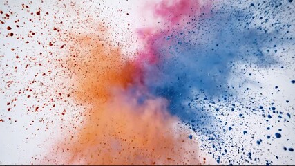 Super slow motion colorful powder explosion isolated on white background with orange pink and blue holi dust bursting and dispersing - Powered by Adobe