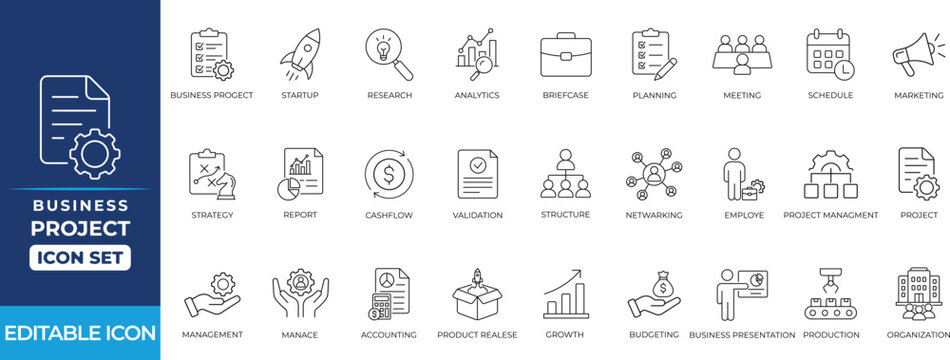 Business project line icon set with planning, management, employee, project, manager, profit, plan, timeline, teamwork symbols corporate apps, editable vectors.