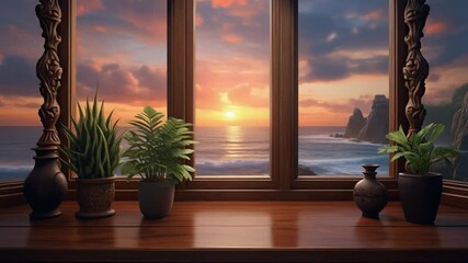 A serene view of a sunset over the ocean from a wooden window with potted plants on the sill. - Powered by Adobe