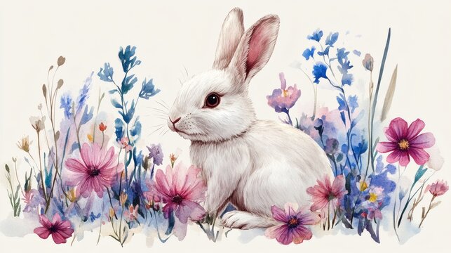 A small rabbit in pastel colors sits in a field among wildflowers and grass. Watercolor cute bunny and spring flowers. Happy Easter concept. Spring card design.