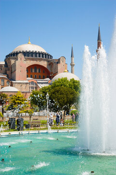 Hagia Sophia with fountain and garden in Sultanahmet Istanbul on a sunny day