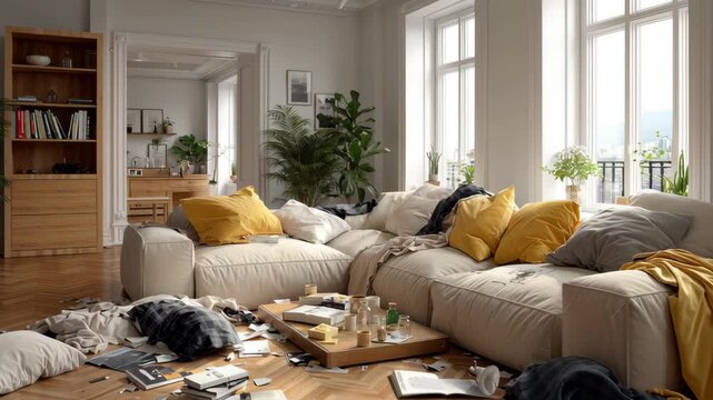 A messy living room with a couch and a coffee table. The couch is covered in pillows and blankets, and there are several books scattered around the room. The coffee table is cluttered with papers