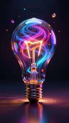 Neon swirls inside glowing light bulb against dark background, futuristic and vibrant.
