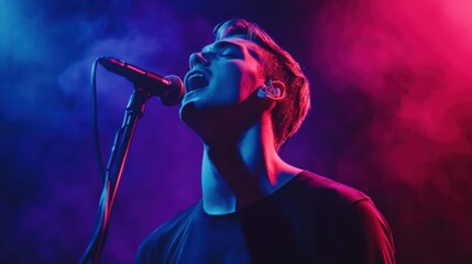 Passionate male singer performing with energy on stage bathed in vibrant lights