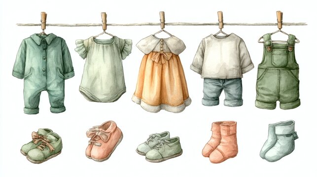 Charming watercolor illustration of cute baby clothes including dress and overalls on clothesline