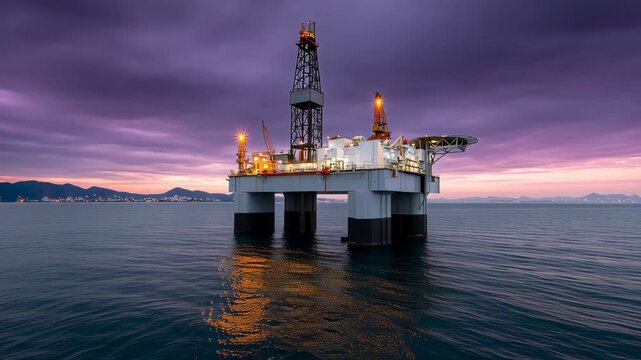 A large oil rig is floating in the ocean. The sky is dark and cloudy, and the water is calm