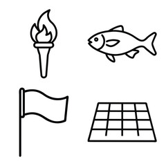 Burning Victory Torch, Swimming Sea Fish, Waving Blank Flag on Pole, and Perspective Grid Pattern Outline Icons Set