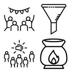 Group of People Celebrating Under Bunting, Industrial Filter Funnel, Public Announcement with Megaphone, and Burning Oil Lamp Outline Icons Set