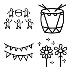 Group of Happy People Dancing, Traditional Drum with Sticks, Festive Bunting Flags, and Garden Flowers Outline Icons Set