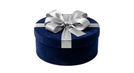 Navy blue round gift box with silver bow isolated on Transparent PNG
