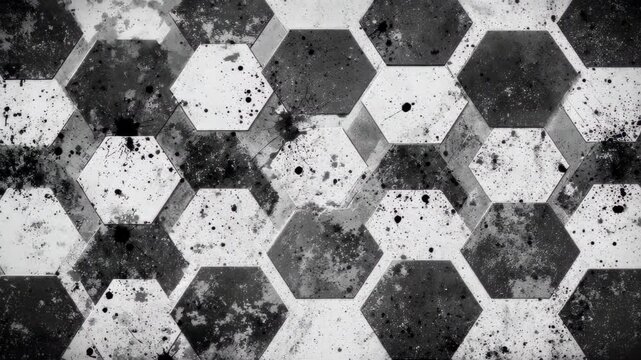 Grayscale hexagon pattern with textured, splattered surfaces and subtle depth